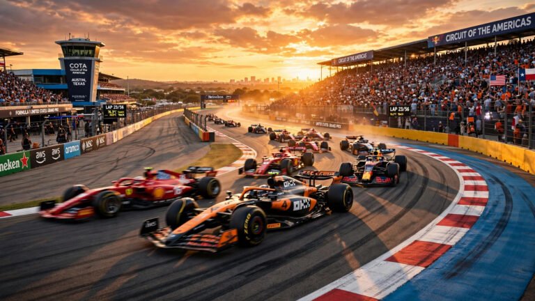 Formula 1 cars racing at Circuit of the Americas in Austin at sunset