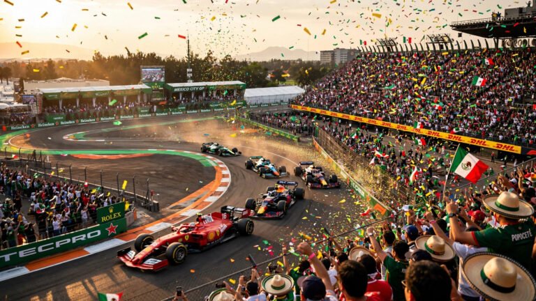 Formula 1 cars racing through the stadium section at Autodromo Hermanos Rodriguez in Mexico City