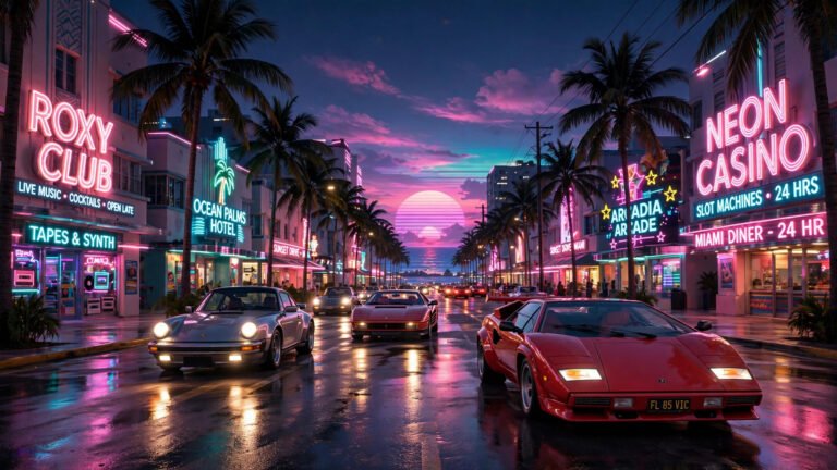 Neon lit Vice City style boulevard at night with palm trees and sports cars