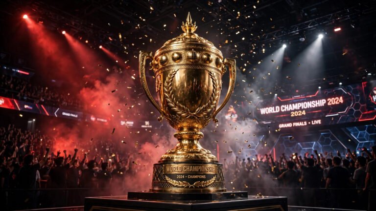 Golden championship trophy on an esports stage with red spotlights and confetti