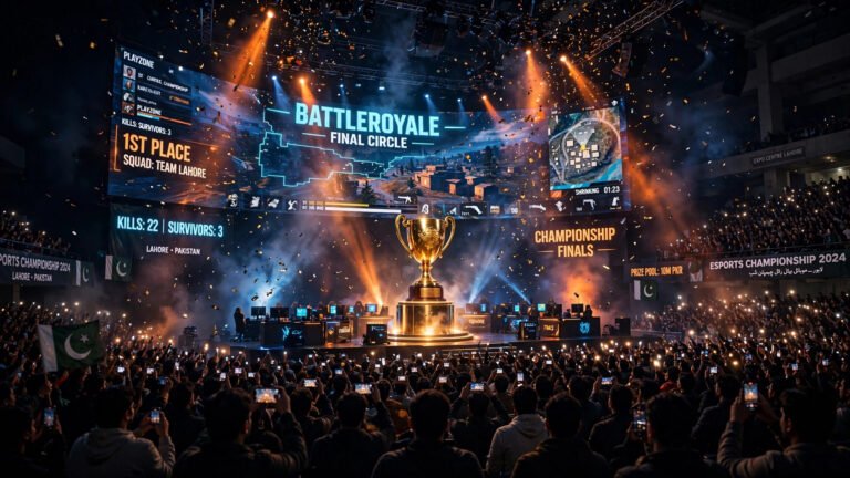 Esports arena in Lahore with golden trophy and cheering crowd during a PUBG Mobile championship final